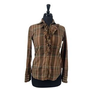 Lauren Ralph Lauren Women's Brown Ruffle Plaid Button Down Shirt Size XS